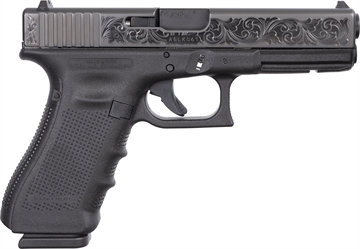 Picture of GLOCK 17 Gen 4, TALO Exclusive, Striker Fired, Semi-automatic, Polymer Frame Pistol, Full Size, 9MM, 4.49" Barrel, DLC Finish, Black, Interchangeable Backstraps, Polished Armory Grade Cut Engraved Scrollwork, Fixed Sights, 17 Rounds, 3 Magazines 80577