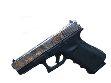 Picture of GLOCK 19 G19 HGA 9MM 4.0 IN BBL FS 5LB 2 15RD MAGS NICKEL PLATED AZTEC GOLD INSERTS GLOGUI1950203NPGAZ