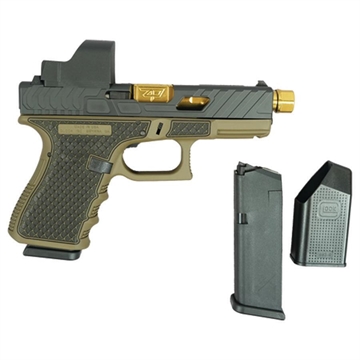 Picture of Glock 19 Gen 3 Custom "Tarpon FDE with Gold Barrel" Compact Handgun 9mm Luger 15/rd Magazines (2) 4.6" Threaded Gold Barrel Burris Fast Fire II Red Dot USA UI1950203 MODBBTB