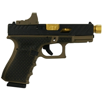 Picture of Glock 19 Gen 3 Custom "Threaded Gold Barrel Tarpon FDE Frame" Handgun 9mm Luger 15/rd Magazines (2) 4.6" Barrel with Burris Fast Fire II Red Dot Austria PI1950203 MODBBTBFDE