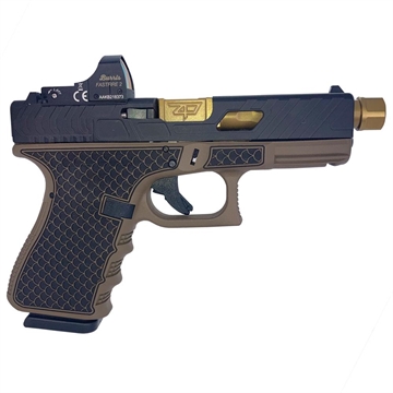 Picture of Glock 19 Gen 3 Custom "Threaded Gold Barrel Tarpon FDE Frame" Handgun 9mm Luger 15/rd Magazines (2) 4.6" Threaded Barrel with Burris Fast Fire II Red Dot Austria PI1950203 MODBBTB