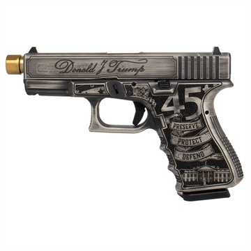 Picture of Glock 19 Gen 3 Custom "Trump 2024" Compact Handgun 9mm Luger 15rd Magazines (2) 4.6" Gold Barrel Crushed Silver Distressed Black USA UI1950203 MODT24GB