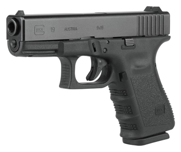 Picture of Glock G19 Gen3 *CA Compliant Compact 9mm Luger 10+1 4.02" Black Steel Barrel, Matte Black Serrated Slide, Black Polymer Frame w/Accessory Rail, Black Finger Grooved Polymer Grip PI1950201