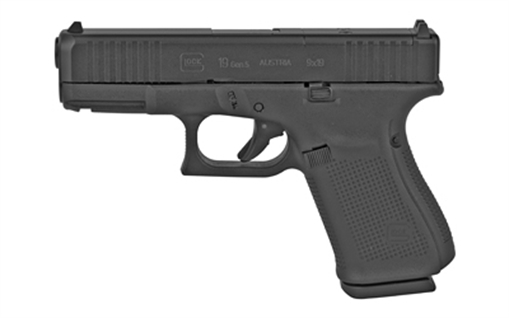 Picture of GLOCK 19 Gen 5 M.O.S., Striker Fired, Semi-automatic, Polymer Frame Pistol, Compact, 9MM, 4.02" Barrel, nDLC Finish, Black, Fixed Sights, 15 Rounds, 2 Magazines, Right Hand G19515MOSAUT