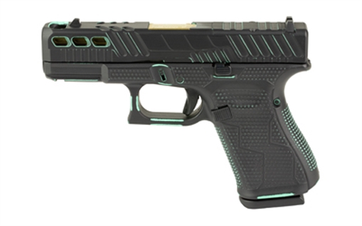 Picture of GLOCK 19 GEN 5, Striker Fired, Semi-automatic, Polymer Frame Pistol, Compact, 9MM, 4.02" Gold Barrel, Custom Black and Robin's Egg Blue Cerakote Finish by Shark Coast Tactical, Fixed Sights, 15 Rounds, 3 Magazines PA195S203