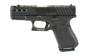 Picture of GLOCK 19 GEN 5, Striker Fired, Semi-automatic, Polymer Frame Pistol, Compact, 9MM, 4.02" Gold Barrel, Custom Black and Robin's Egg Blue Cerakote Finish by Shark Coast Tactical, Fixed Sights, 15 Rounds, 3 Magazines PA195S203