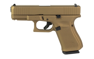 Picture of GLOCK 19 Gen 5, Striker Fired, Semi-automatic, Polymer Frame Pistol, Compact, 9MM, 4.02" Barrel, Custom Burnt Bronze Cerakote finish by Skydas, Burnt Bronze, Front Serrations, 15 Rounds, 3 Magazines PA195S204-BB