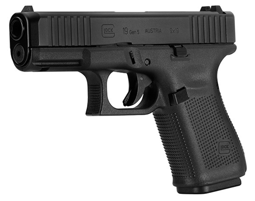 Picture of GLOCK 19 Gen 5, Striker Fired, Semi-automatic, Polymer Frame Pistol, Compact, 9MM, 4.02" Marksman Barrel, nDLC Finish, Black, Fixed Sights, Front Serrations, Ambidextrous Slide Stop Lever, Flared Mag Well, No Finger Grooves, 15 Rounds, 3 Magazines PA195S203