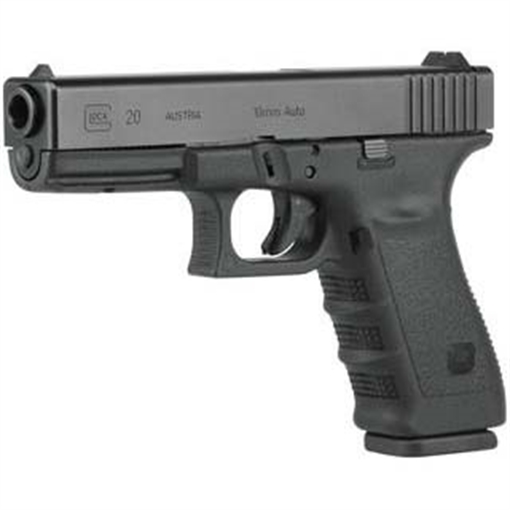 Picture of GLOCK 20SF, Striker Fired, Semi-automatic, Polymer Frame Pistol, Full Size, 10MM, 4.61" Barrel, Matte Finish, Black, Fixed Sights, 15 Rounds, 2 Magazines, Right Hand PF2050203