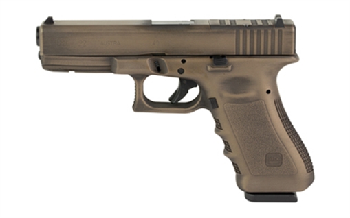 Picture of GLOCK 22 Gen 3, Striker Fired, Semi-automatic, Polymer Frame Pistol, Full Size, 40 S&W, 4.49" Barrel, Matte Finish, Smoked Bronze And Battle Worn, Fixed Sights, 15 Rounds, 2 Magazines, Glock OEM Rail, Optics Cut For Trijicon/Holosun, Must Use Included Screws From Shark Coast To Mount Optic PI2250203-SB
