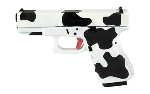 Picture of GLOCK 25 Gen 3, Striker Fired, Semi-automatic, Polymer Frame Pistol, Compact, 380 ACP, 4.02" Barrel, Custom Cow Print Cerakote Finish by Skydas, Fixed Sights, 15 Rounds, 2 Magazines UI2550203