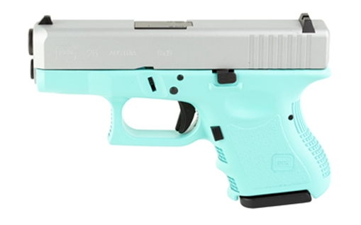 Picture of GLOCK 26, Striker Fired, Semi-automatic, Polymer Frame Pistol, Sub-Compact, 9MM, 3.43" Barrel, Custom Cerakote Robins Egg Blue Frame and Silver Slide by Skydas, 10 Rounds, 2 Magazines PI2650204-REBCS