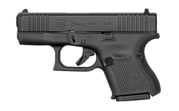 Picture of GLOCK 26 Gen 5, Striker Fired, Semi-automatic, Polymer Frame Pistol, Sub-Compact, 9MM, 3.43" Barrel, nDLC Finish, Black, Fixed Sights, 10 Rounds, 2 Magazines, Right Hand G265FSUS