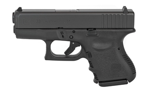 Picture of GLOCK 33 Gen 3, Striker Fired, Semi-automatic, Polymer Frame Pistol, Sub-Compact, 357 SIG, 3.43" Barrel, Matte Finish, Black, Fixed Sights, 9 Rounds, 2 Magazines PI3350201