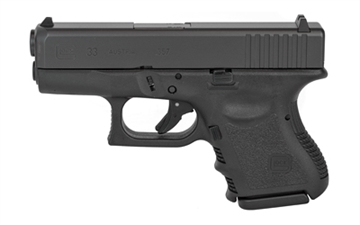Picture of GLOCK 33 Gen 3, Striker Fired, Semi-automatic, Polymer Frame Pistol, Sub-Compact, 357 SIG, 3.43" Barrel, Matte Finish, Black, Fixed Sights, 9 Rounds, 2 Magazines PI3350201