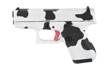 Picture of GLOCK 42, Striker Fired, Semi-automatic, Polymer Frame Pistol, Sub-Compact, 380 ACP, 3.25" Barrel, Custom Cow Print Cerakote Finish by Skydas, Fixed Sights, 6 Rounds, 2 Magazines UI4250201-MOO