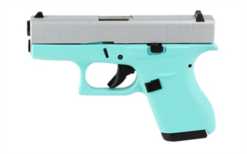 Picture of GLOCK 42, Striker Fired, Semi-automatic, Polymer Frame Pistol, Sub-Compact, 380 ACP, 3.25" Barrel, Cerakote Finish, Robin's Egg Blue With Crushed Silver Slide, 6 Rounds, 2 Magazines UI4250204-REBCS