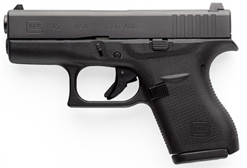Picture of GLOCK 42, Striker Fired, Semi-automatic, Polymer Frame Pistol, Sub-Compact, 380 ACP, 3.25" Barrel, Matte Finish, Black, No Finger Grooves, Fixed Sights, 6 Rounds, 2 Magazines UI4250201