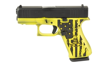 Picture of GLOCK 43X, Striker Fired, Semi-automatic, Polymer Frame Pistol, Sub-Compact, 9MM, 3.41" Barrel, Skydas Cerakote Finish, Gadsden Flag, Fixed Sights, 10 Rounds, 2 Magazines 4350204FRN-GAD-SKY
