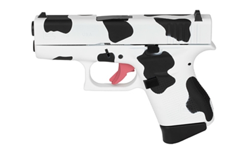 Picture of GLOCK 43, Striker Fired, Semi-automatic, Polymer Frame Pistol, Sub-Compact, 9MM, 3.41" Barrel, Custom Cow Print Cerakote Finish by Skydas, Fixed Sights, 6 Rounds, 2 Magazines UI4350204MOO