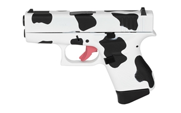 Picture of GLOCK 43, Striker Fired, Semi-automatic, Polymer Frame Pistol, Sub-Compact, 9MM, 3.41" Barrel, Custom Cow Print Cerakote Finish by Skydas, Fixed Sights, 6 Rounds, 2 Magazines UI4350204MOO