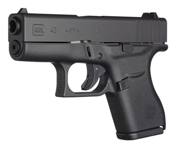 Picture of GLOCK 43, Striker Fired, Semi-automatic, Polymer Frame Pistol, Sub-Compact, 9MM, 3.41" Barrel, Matte Finish, Black, No Finger Grooves, Fixed Sights, 6 Rounds, 2 Magazines UI4350201