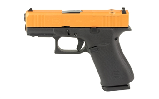 Picture of GLOCK 43X, M.O.S, Semi-automatic, Striker Fired, Sub-Compact, 9MM, 3.41", Black, Carolina Gold, 10 Rounds, 2 Magazines, Carolina Gold Slide With Black Frame, Fixed Sights, Polymer, Skydas Cerakote UX4350204FRMOS-CGS