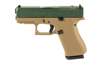 Picture of GLOCK 43X, M.O.S, Semi-automatic, Striker Fired, Sub-Compact, 9MM, 3.41", Troy Coyote Tan, Jesse James Green, 10 Rounds, 2 Magazines, Troy Coyote Tan Frame With Jesse James Green Slide, Fixed Sights, Polymer, Skydas Cerakote PX4350204FRMOSTCTJJS