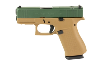 Picture of GLOCK 43X, M.O.S, Striker Fired, Semi-automatic, Polymer Frame Pistol, Sub-Compact, 9MM, 3.41" Barrel, Custom Troy Coyote Tan Frame and Jesse James Green Slide Cerakote Finish by Skydas, Fixed Sights, 10 Rounds, 2 Magazines UX4350204FRMOSTCTJJS