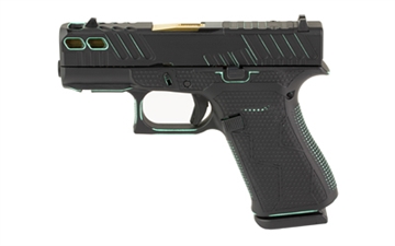 Picture of GLOCK 43X, Semi-automatic, Striker Fired, Sub-Compact, 9MM, 3.41" Ported Barrel, Cerakote Finish, Battleworn Black with Robbins Egg Blue Base Coat, 10 Rounds, 2 Magazines UX4350204FRN