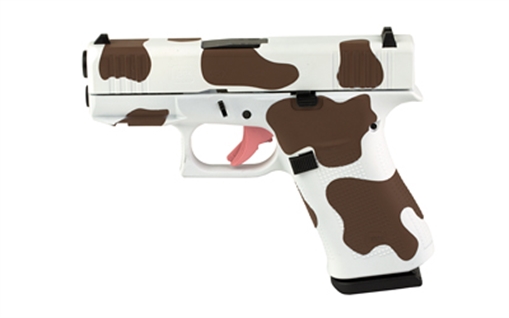 Picture of GLOCK 43X, Striker Fired, Semi-automatic, Polymer Frame Pistol, Sub-Compact, 9MM, 3.41" Barrel, Skydas Cerakote Finish, Custom Brown and White Cow Print Cerakote Finish by Skydas, Fixed Sights, 10 Rounds, 2 Magazines UX4350204FRNBRN