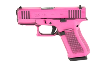 Picture of GLOCK 43X, Striker Fired, Semi-automatic, Polymer Frame Pistol, Sub-Compact, 9MM, 3.41" Barrel, Glock Marksman Barrel, Custom Battle Worn Bubble Gum (Pink) Cerakote Finish by Shark Coast Tactical, Fixed Sights, 10 Rounds, 2 Magazines UX4350204FRN