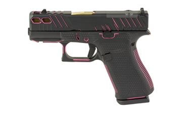 Picture of GLOCK 43X, M.O.S, Striker Fired, Semi-automatic, Polymer Frame Pistol, Sub-Compact, 9MM, 3.41" Barrel, Custom Black and Pink Cerakote Finish by Shark Coast Tactical, Fixed Sights, Optic Ready, Gold Barrel, 10 Rounds, 2 Magazines PX4350201FRMOS