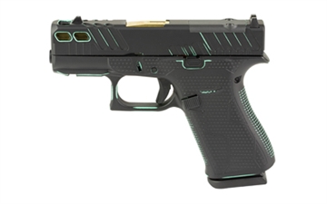Picture of GLOCK 43X, M.O.S, Striker Fired, Semi-automatic, Polymer Frame Pistol, Sub-Compact, 9MM, 3.41" Barrel, Custom Black and Robin's Egg Blue Cerakote Finish by Shark Coast Tactical, Fixed Sights, Optic Ready, Gold Barrel, 10 Rounds, 2 Magazines PX4350201FRMOS