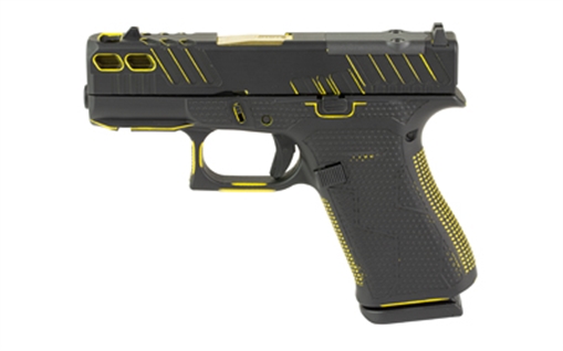 Picture of GLOCK 43X, M.O.S, Striker Fired, Semi-automatic, Polymer Frame Pistol, Sub-Compact, 9MM, 3.41" Barrel, Custom Black and Yellow Cerakote Finish by Shark Coast Tactical, Fixed Sights, Optic Ready, Zaffiri Precision Gold Compensated Barrel, 10 Rounds PX4350201FRMOS