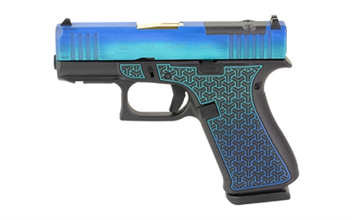 Picture of GLOCK 43X, M.O.S, Striker Fired, Semi-automatic, Polymer Frame Pistol, Sub-Compact, 9MM, 3.41" Barrel, Custom Galactic June Bug Cerakote Finish by Shark Coast Tactical, Fixed Sights, Optic Ready, Zaffiri Precision Gold Barrel, 10 Rounds, 2 Magazines PX4350201FRMOS