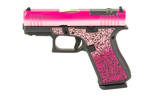 Picture of GLOCK 43X, M.O.S, Striker Fired, Semi-automatic, Polymer Frame Pistol, Sub-Compact, 9MM, 3.41" Barrel, Custom Lady Bug Cerakote Finish by Shark Coast Tactical, Fixed Sights, Optic Ready, Zaffiri Gold Barrel, 10 Rounds, 2 Magazines PX4350201FRMOS