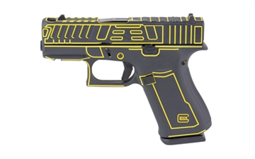Picture of GLOCK 43X, Semi-automatic, Striker Fired, Polymer Frame Pistol, Sub-Compact, 9MM, 3.41" Barrel, Custom Black with Yellow Outline Cerakote Finish by Shark Coast Tactical, Fixed Sights, 10 Rounds, 2 Magazines UX4350204FRN