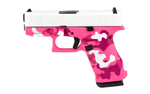 Picture of GLOCK 43X, Striker Fired, Semi-automatic, Polymer Frame Pistol, Sub-Compact, 9MM, 3.41" Barrel, Skydas Cerakote Finish, Custom Pink Commando Camo Cerakote Finish by Skydas, Fixed Sights, 10 Rounds, 2 Magazines UX4350204FRNPINKSKY