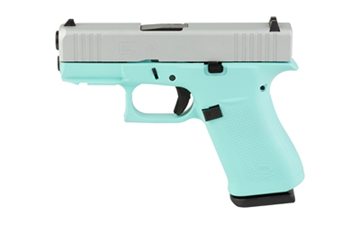 Picture of GLOCK 43X, Semi-automatic, Striker Fired, Sub-Compact, 9MM, 3.41", Robin's Egg Blue, Silver, 10 Rounds, 2 Magazines, Fixed Sights, Polymer, Skydas Cerakote UX4350204FRN-REBCS