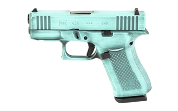 Picture of GLOCK 43X, Striker Fired, Semi-automatic, Polymer Frame Pistol, Sub-Compact, 9MM, 3.41" Barrel, Glock Marksman Barrel, Custom Battle Worn Robins Egg Blue Cerakote Finish by Shark Coast Tactical, Fixed Sights, 10 Rounds, 2 Magazines UX4350204FRN