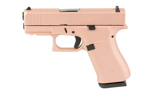 Picture of GLOCK 43X, Striker Fired, Semi-automatic, Polymer Frame Pistol, Sub-Compact, 9MM, 3.41" Barrel, Custom Rose Gold Cerakote Finish by Skydas, Fixed Sights, 10 Rounds, 2 Magazines UX4350204FRN-RG-