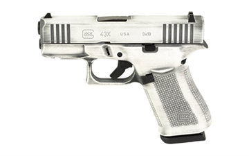 Picture of GLOCK 43X, Striker Fired, Semi-automatic, Polymer Frame Pistol, Sub-Compact, 9MM, 3.41" Barrel, Glock Marksman Barrel, Custom Battle Worn White Cerakote Finish by Shark Coast Tactical, Fixed Sights, 10 Rounds, 2 Magazines UX4350204FRN
