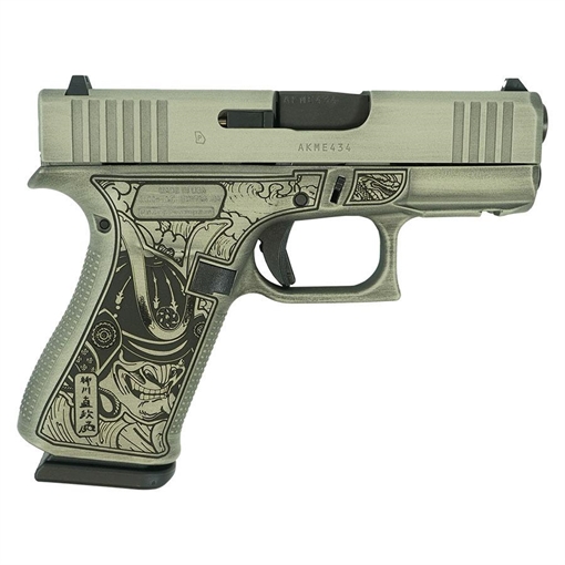 Picture of Glock 43x Custom "Bushido Mask" Battleworn Slide Sand Handgun 9mm Luger 10rd Magazines (2) 3.4" Barrel Accessory Rail USA Made UX4350201FR MODBSBWS