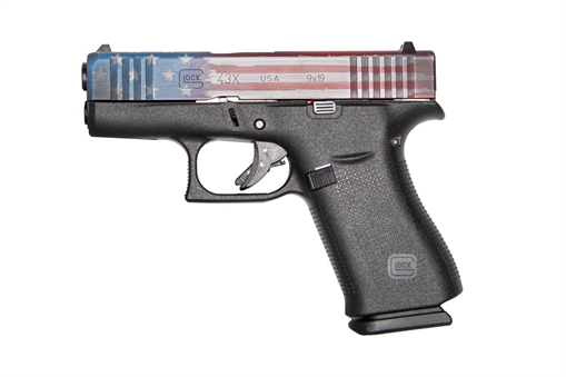 Picture of GLOCK 43X G43X HGA 9MM 3.26 IN BBL FS 5LB 2 10RD MAGS CERAKOTE DISTRESS RED WHITE & BLUE FLAG SLIDE PX4350201RWB