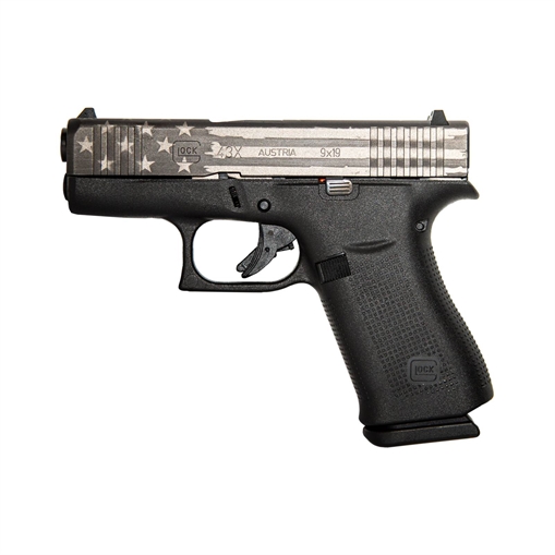 Picture of GLOCK 43X G43X HGA 9MM 3.26 IN BBL FS 5LB 2 10RD MAGS CERAKOTE ELITE TITANIUM BATTLE FLAG SLIDE UX4350201ETBF