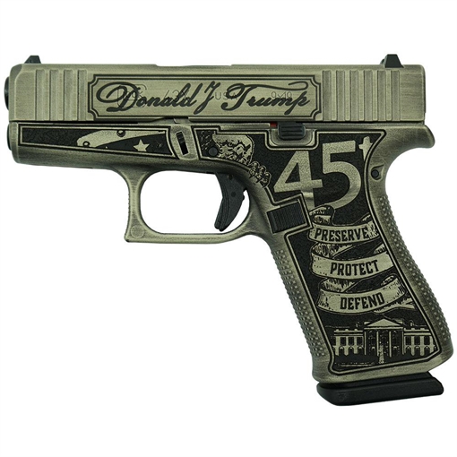 Picture of Glock 43X "Trump 2024" Handgun 9mm Luger 10rd Magazines(2) 3.41" Barrel Crush Sliver Distressed/Black Engraved Slide USA Made UX4350201 MODT24
