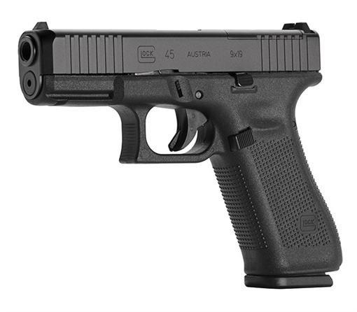 Picture of GLOCK 45 M.O.S., Striker Fired, Semi-automatic, Polymer Frame Pistol, Compact, 9MM, 4.02" Barrel, Glock Marksman Barrel, nDLC Finish, Black, No Finger Grooves, Fixed Sights, Modular Optic System, Front Serrations, Ambidextrous Slide Stop Lever, Flared Mag Well, 10 Rounds, 3 Magazines PA455S201MOS