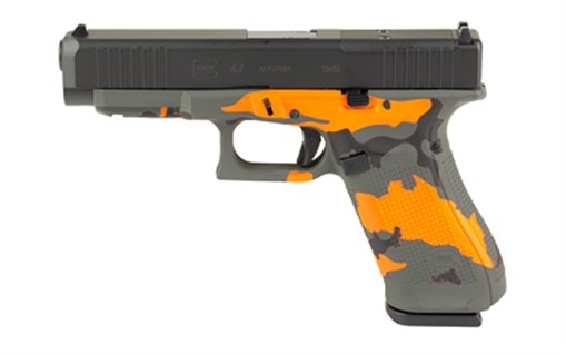 Picture of GLOCK 47 M.O.S., Striker Fired, Semi-automatic, Polymer Frame Pistol, Full Size, 9MM, 4.49" Barrel, Custom Blaze Camo Cerakote Finish by Skydas, Optics Ready, Fixed Sights, 17 Rounds, 3 Magazines PA475S203MOSN