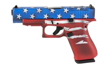 Picture of GLOCK 48, M.O.S, Striker Fired, Semi-automatic, Polymer Frame Pistol, Compact, 9MM, 4.17" Barrel, Custom Red/White/Blue Battle Worn Flag Cerakote Finish by Skydas, 10 Rounds, 2 Magazines PA4850204FRMOSRWBBWF
